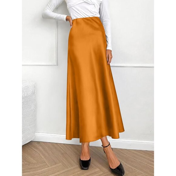 Elegant Satin Maxi Skirt for Women High Waisted Orange Silk Fall Dressy Casul - Picture 7 of 7